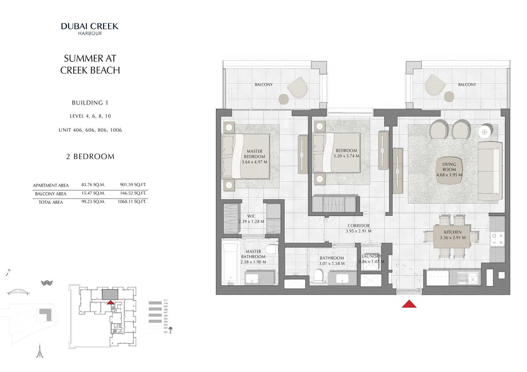 2 Br Building 1 Level-4-6-8-10 Unit 406-606-806-1006, Size 1068 Sq Ft